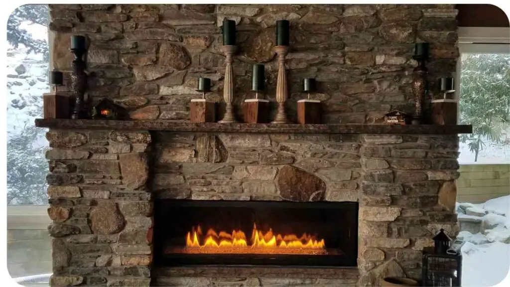 a stone fireplace with candles on the mantle