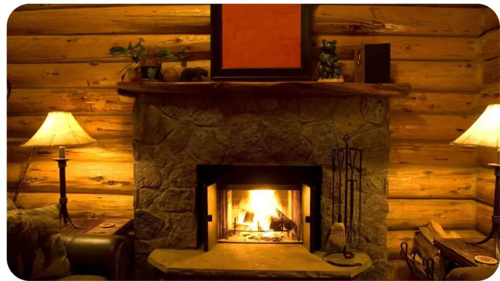 a fireplace in a log cabin