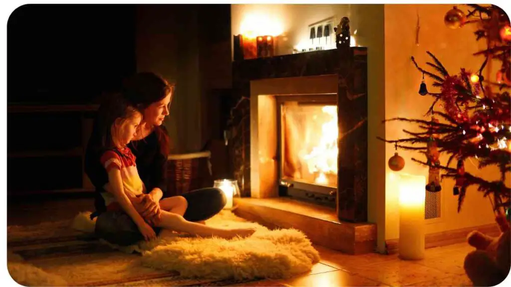 a person and a child sitting in front of a fireplace