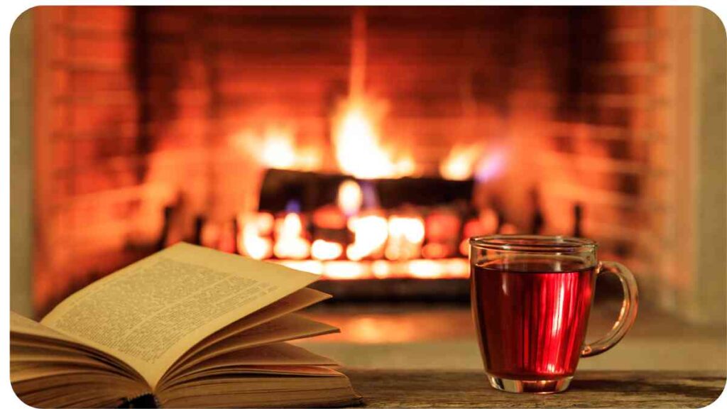 a cup of tea and an open book on a wooden table in front of a fireplace