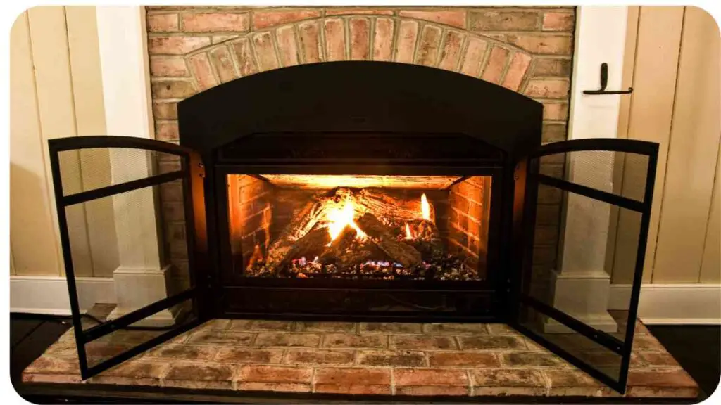 a brick fireplace with a fire in it