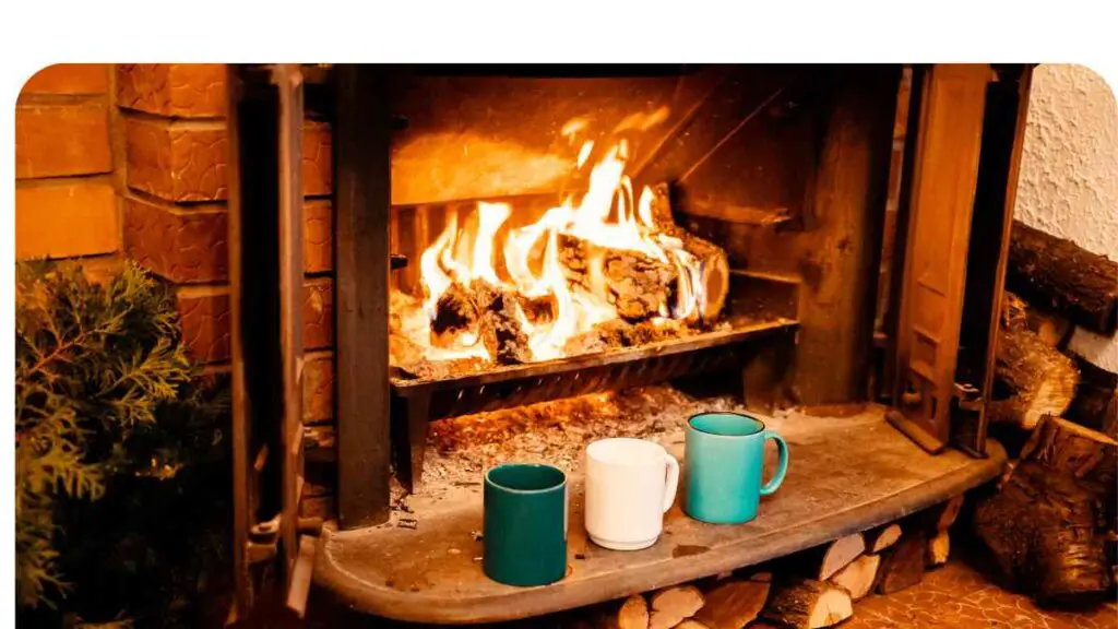 two mugs sit in front of a fire in a fireplace