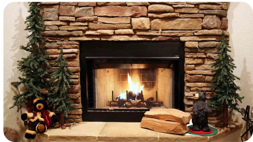 a stone fireplace with a fire in it