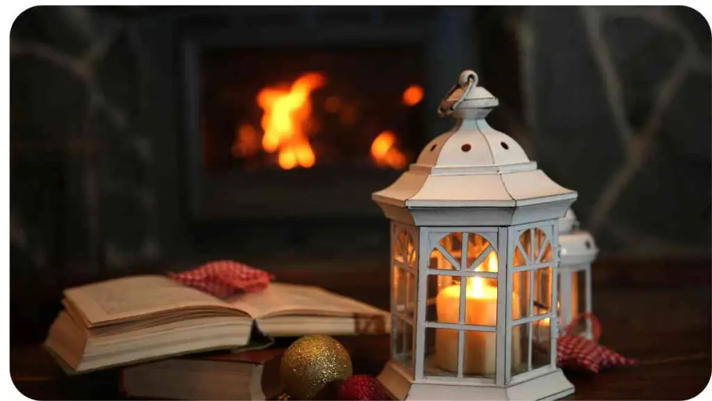 an open book, candle and christmas decorations sit on a table next to a fireplace
